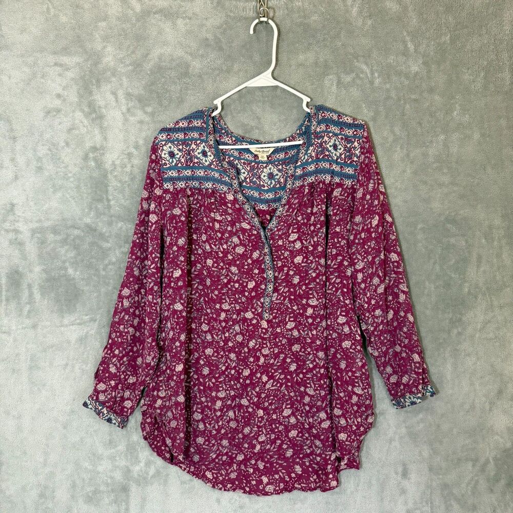 Lucky Brand Top Peasant Blouse Purple Wine Floral Plus 2X Cottagecore Rayon